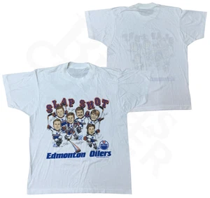 Edmonton Oilers T-Shirt Men's Medium White Slap Shot Hockey Caricatures 1990s - Picture 1 of 12