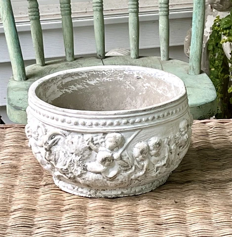 Vtg Concrete/Cement OLD-Garden-9” Planter-French-Cottage-Cherub-Putti Ram Relief Cover