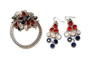 Vintage Silver Tone Layered Acrylic Bezeled Red White Blue Bracelet Earrings - Picture 1 of 3