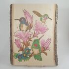 Pyrograph Hummingbirds w/ Pink Flowers on Wood Plank Signed Joi Pyography EASTER