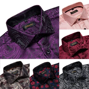 Men's Jacquard Dress Shirt Paisley Floral Printed Long Sleeve Button Down Shirts - Picture 1 of 63