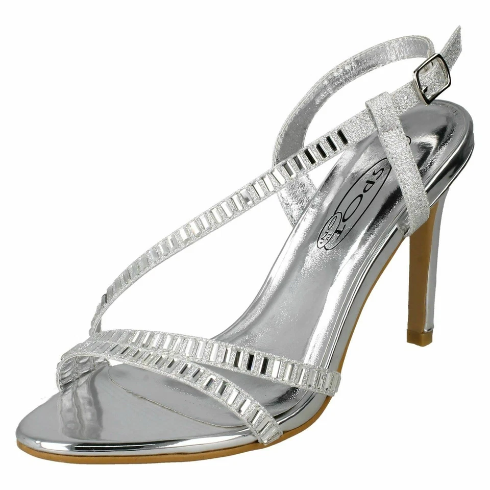 Mujer Spot On con Tira Trasera Tira Tacón Alto Diamante Noche Sandalia F1R0839 - Imagen 1 de 1