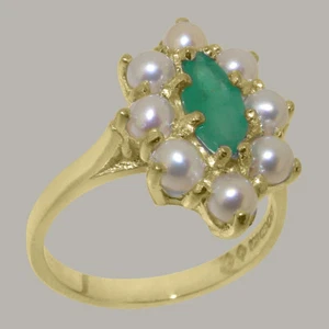 Solid 9ct Yellow Gold Natural Emerald & Full Pearl Womens Cluster Ring - Picture 1 of 5
