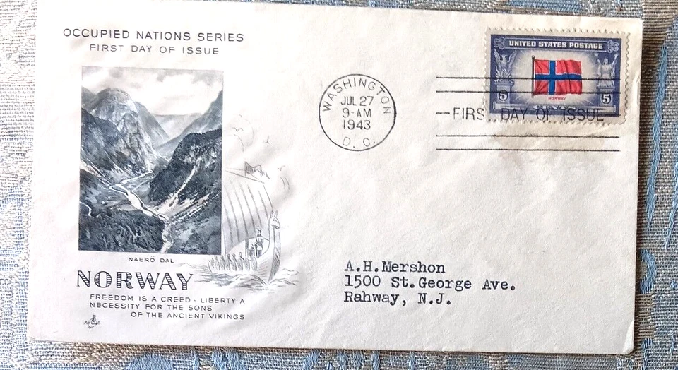 WW2 OVER-RUN NATIONS NORWAY FLAG ARTCRAFT 1943  FDC NAERO DAL - Image 1 of 1