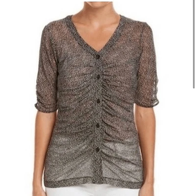 CAbi Sheer mesh black animal print Gathered Placket Blouse button front Size L - Image 1 of 4