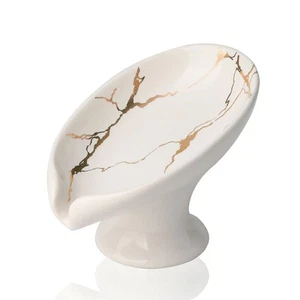 Ceramic Self Draining Soap Dish for Bar, Small Leaf Shaped Soap Dish, White M... - Picture 1 of 7
