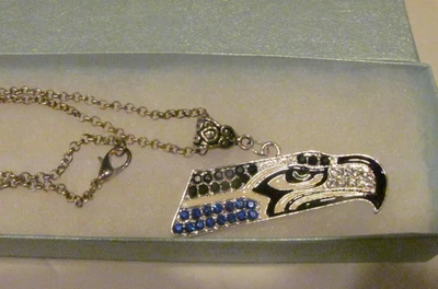 Seattle Seahawks Rhinestone Necklace with 24 inch silver tone Chain - Image 1 of 4