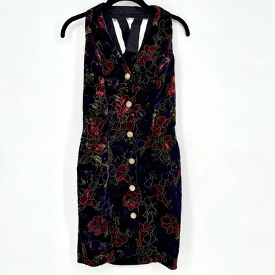 Vintage 90s USA Rampage Black & Purple Crushed Burnout Velvet Floral Mini Dress - Image 1 of 4