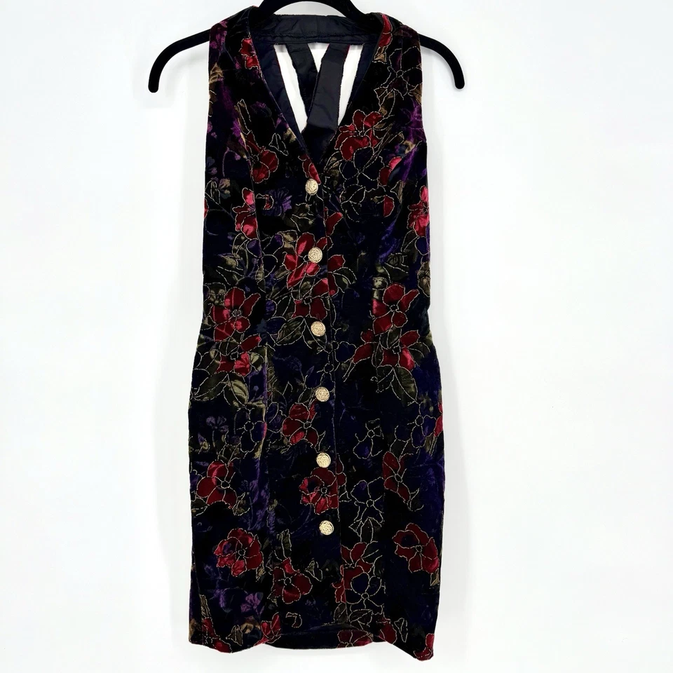 Винтажный 90-х США Rampage черный и фиолетовый измельченный выгорания бархата цветочный мини-платье - Изображение 1 из 4