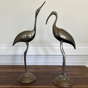 Vintage Pair MCM Solid Brass Cranes Egrets Ibis Birds Made In India - Picture 1 of 9
