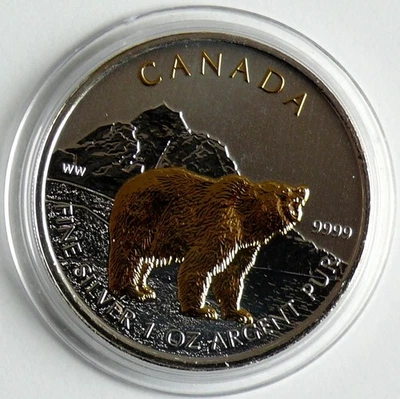 Kanada 5 Dollars 2011 Maple Leaf - Grizzlybär, Gilded, 1 Oz Silber - Bild 1 von 2