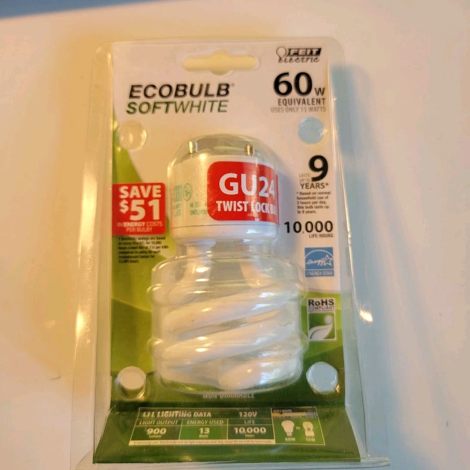 Feit Electric ECOBULB SOFTWHITE GU24 Twist Lock Base 60 Watts Lasts 9 Years NIP - Image 1 of 1