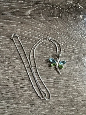 "Collar libélula de plata de ley 16"" - Topacio azul y piedras preciosas de peridoto" Foto 1 de 4