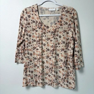 Susan Graver Liquid Knit Top Women M Brown Tan Floral Sparkle V Neck 3/4 Sleeve - Picture 1 of 11