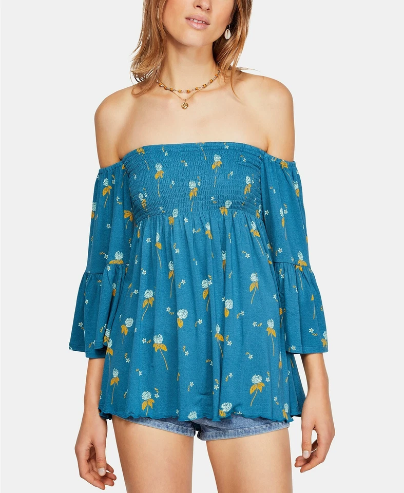 People Womens Teal Blue Size Small S Floral Lana Smocked Tunic 469