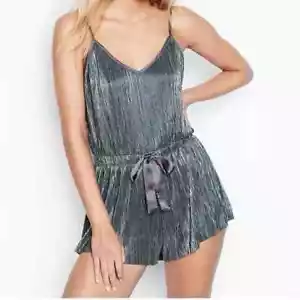 2018 L VICTORIA'S SECRET Pleated METALLIC GRAY Romper Nighty Teddy Shine - Picture 1 of 6