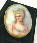 Vtg Victorian Gold Leaf Hand Painted Brooch Portrait Lady Jewelry Delicate Gift