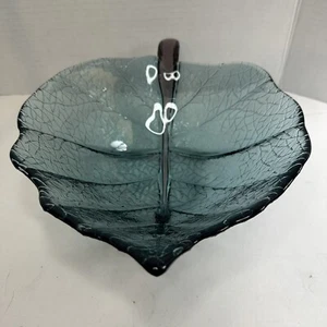 Art Glass CABBAGE LEAF Candy Dish BOWL Teal Blue Purple Stem - Picture 1 of 15