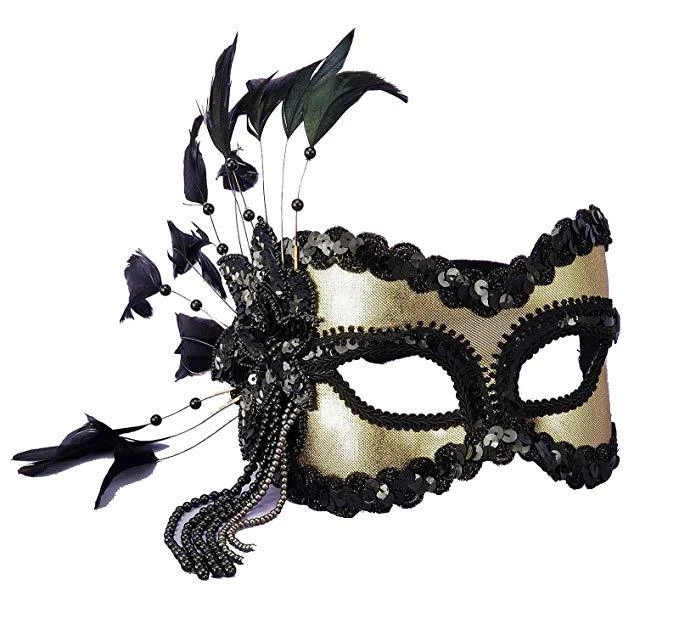 Mardi Gras Mask Gold Metallic Eye Mask W/ Blk Sequin Beads & Feather Trim - Image 1 of 1