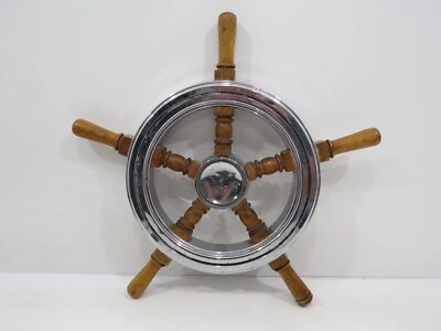 BEAUTIFUL 16+1/2 INCH WOOD & CHROME SAIL BOAT SHIPS WHEEL (R2/238C) - Image 1 of 4