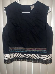 f.l. Malik Black Fringe Animal Print Sleeveless Shirt Women's XL Made USA - Picture 1 of 7