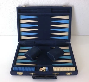 Vintage Blue & White Backgammon Set Corduroy Travel Briefcase - Picture 1 of 7