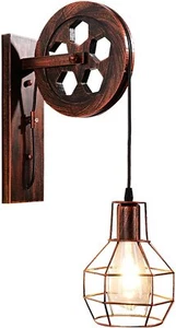 Vintage Wall Light Retro Industrial Lifting Pulley Wheel Wall Lamp Light Fixture - Picture 1 of 12