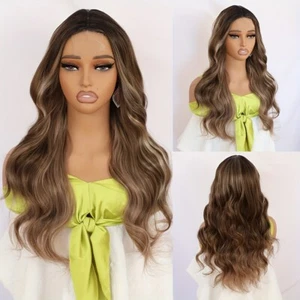 Long Brown Ombre Blonde Mixed Loose Wavy Wigs Highlights Pre Plucked Heat Safe - Picture 1 of 8