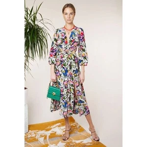 RIXO Camellia Floral Dress XS Silk Colorful Pleated Midi Long Sleeve Chic Sexy - Picture 1 of 22
