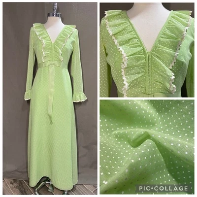 Vestido de manga larga Rick Rack cuello con volantes punto suizo verde vintage años 70 talla 6/8 Foto 1 de 4
