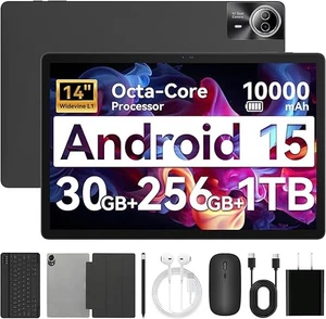 Tablet 14 inch Android 15 Tablet｜30GB RAM 256GB ROM｜1920 * 1200 IPS FHD｜10000mAh - Picture 1 of 9