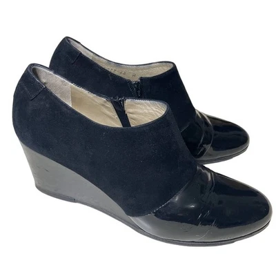 Taryn Rose Black Suede Patent Leather Ankle Boots Wedge Heel Italy Size 38 - Image 1 of 4