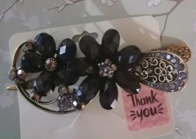 Large Black Jeweled Ornate Design Hair Clip Rhinestone Flowers Bronze Elegant - Image 1 of 3