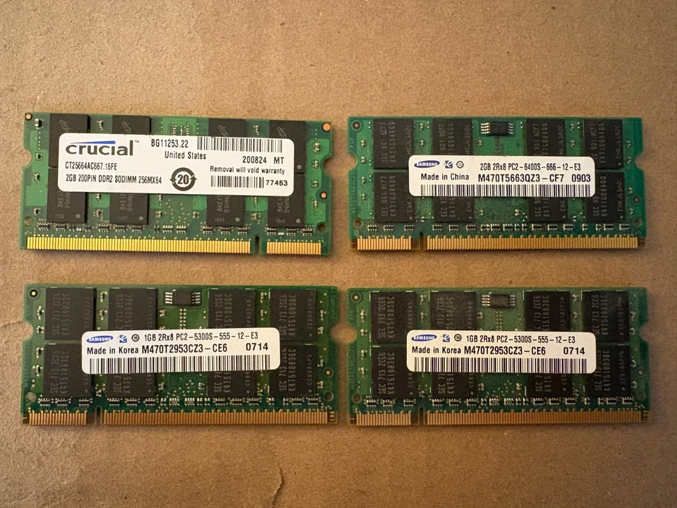 Lote de 4 memorias RAM para portátil Samsung + Crucial DDR2 SODIMM Foto 1 de 1