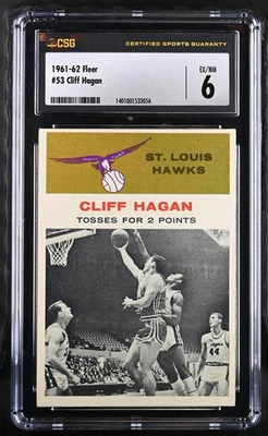 1961-62 Fleer #53 Cliff Hagan St. Louis Hawks – In Action - CSG 6 Ex/NM  - Image 1 of 2