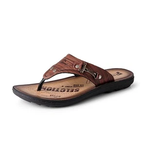 Mens Sandals Mens Mules Faux Leather Toe Post Flip Flops Summer Tan/Brown Size - Picture 1 of 5
