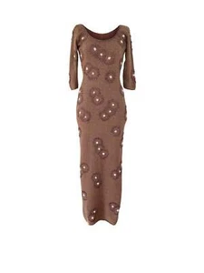 Gene Shelly Vintage 1960s Dress Mocha Brown Bouclé Beaded Wiggle Dress XS SM - Picture 1 of 7
