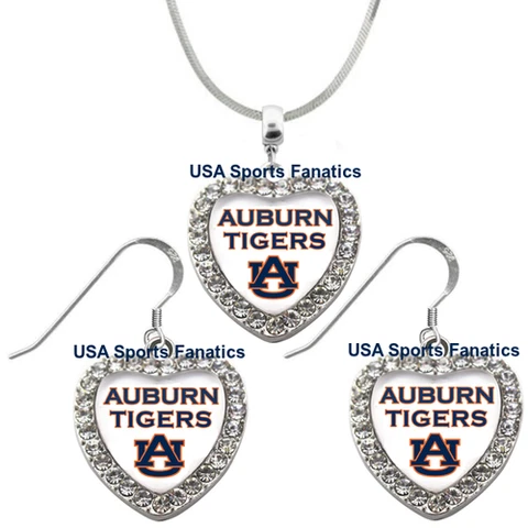 Auburn Tigers 925 Necklace or Earrings or Set Team Heart With Rhinestones Cover
