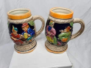 Vintage Set of 2 Ceramic Beer Stein Mugs Japanese Made Tavern Scene Nice shape! - Picture 1 of 3