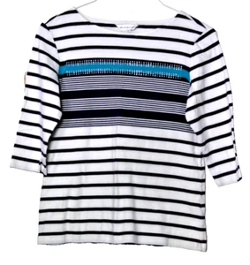 CHRISTOPHER & BANKS TEE SHIRT ladies size M blue white aqua stripe rhinestone - Picture 1 of 6