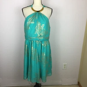 Nuevo con etiquetas Vestido Robbie Bee Noche Cóctel Halter Línea A Talla 14 Mujer Azul Dorado Floral - Imagen 1 de 16