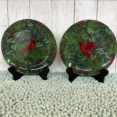 2, Holiday Cardinal Holly Berry Plate  Charger 8” Vintage Art Glass Table Decor - Image 1 of 4
