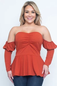 Womens Plus Size Rust Red Cold Shoulder Peplum Top 3XL Long Sleeve - Picture 1 of 3