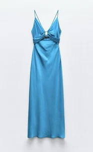 ZARA MIDI STRAP DRESS WITH FRONT CUT-OUT SIZE SMALL IN TURQUOISE NWT - Picture 1 of 6