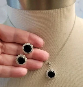 Icing Necklace And Earring Set Silvertone Black Clear Cryatals - Picture 1 of 10