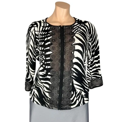 Chaqueta cárdigan tejida con estampado de cebra blanca negra Berek Plus para mujer cremallera completa talla 1XL Foto 1 de 4