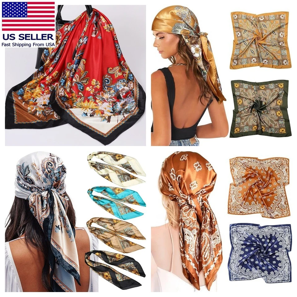 Large Silky Floral Paisley Scarf Bandanna Head Neck Wrap Shawl 35" Scarf Top - Image 1 of 1