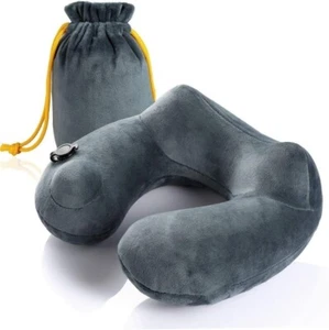 FINGER INFLATABLE (NOT MOUTH) TRAVEL PILLOW U-SHAPE NECK SUPPORT SOFT VELVET - Picture 1 of 7