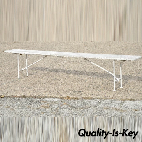 Antique French Industrial 94" Long White Distress Paint Wrought Iron Wood Bench Cover