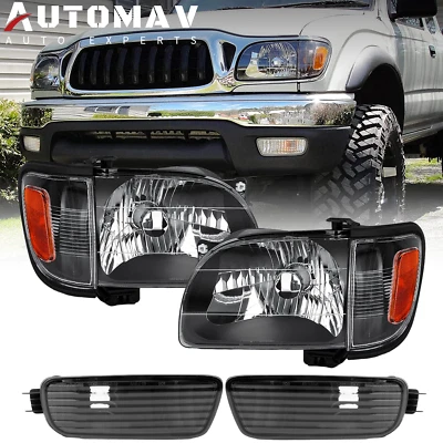 适用于 2001 - 2004 年丰田塔科马前大灯黑色前大灯和防撞灯一对 — 第 1/4 张图片